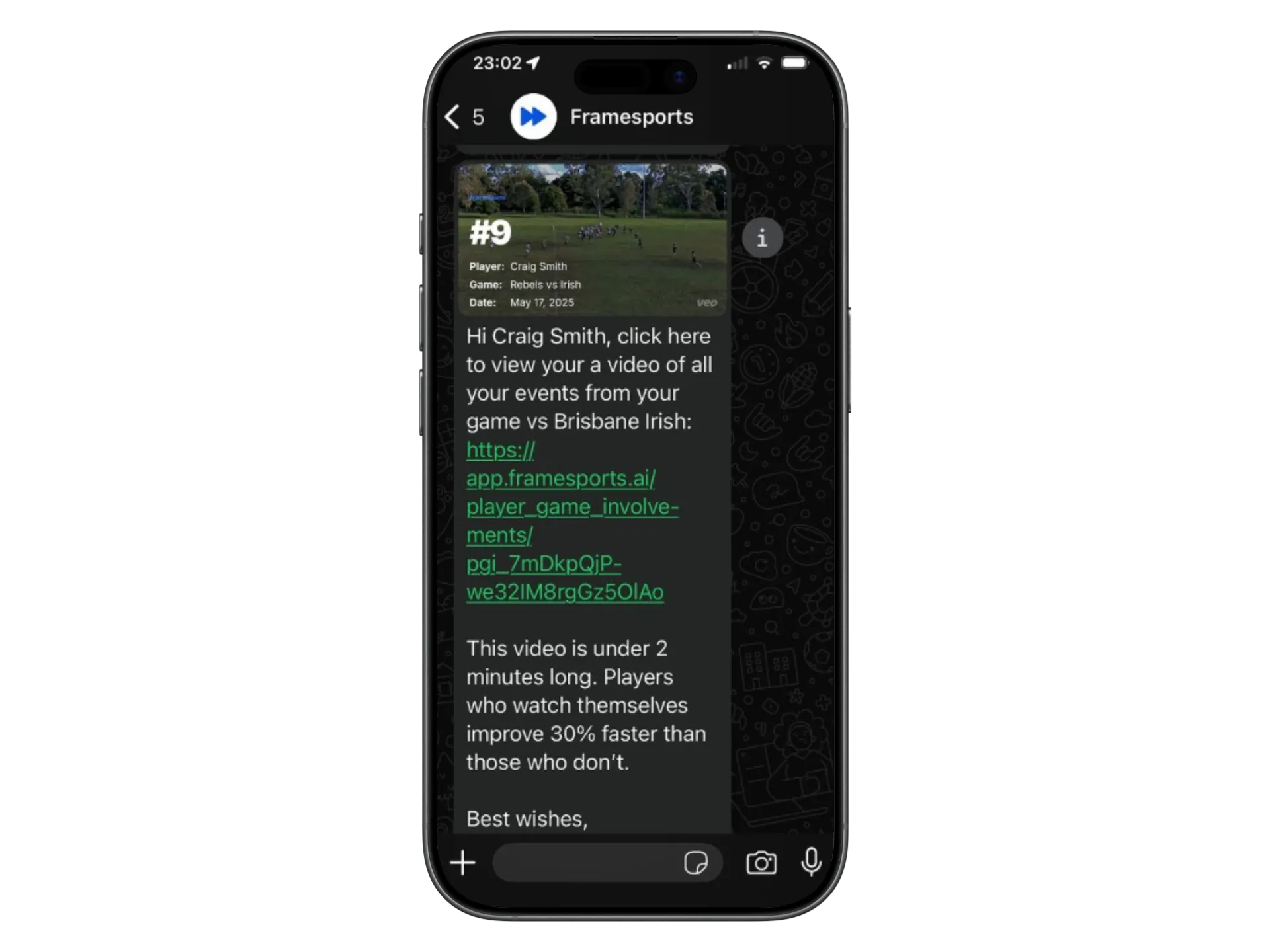 Player receiving WhatsApp notification on phone